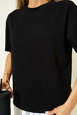 Loyşa Omuz Dikişli T-shirt Siyah - Kadın Siyah T-shirt