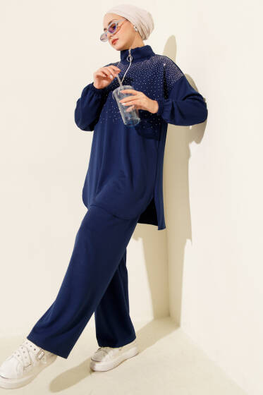 Loyşa Omuz Taşlı Fermuarlı İkili Takım İndigo - İkili Takım