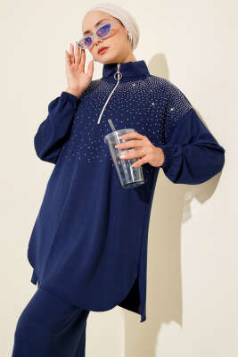 Loyşa Omuz Taşlı Fermuarlı İkili Takım İndigo - İkili Takım