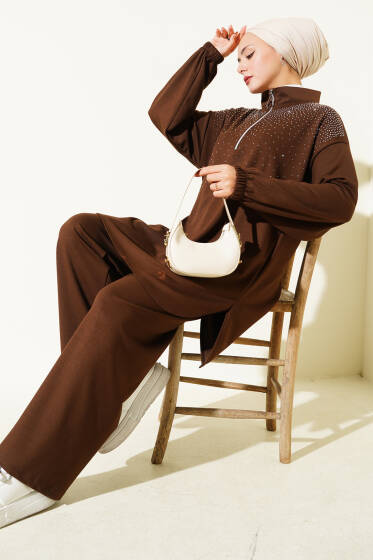 Loyşa Omuz Taşlı Fermuarlı İkili Takım Kahve - İkili Takım