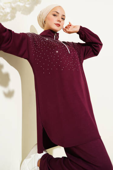 Loyşa Omuz Taşlı Fermuarlı İkili Takım Mürdüm - İkili Takım