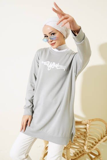 	 Loyşa Önü Baskılı Tunik Gri - Tunik
