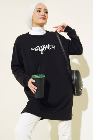 	 Loyşa Önü Baskılı Tunik Siyah - Tunik