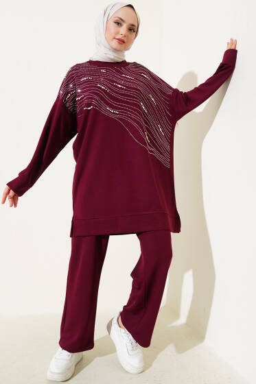 Loyşa Önü Taşlı İncili Tunik İkili Takım Bordo - İkili Takım