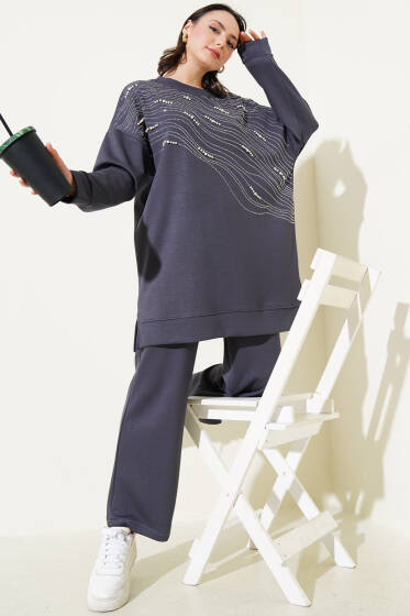 Loyşa Önü Taşlı İncili Tunik İkili Takım Füme - İkili Takım