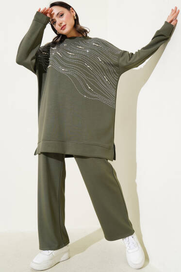 Loyşa Önü Taşlı İncili Tunik İkili Takım Haki - İkili Takım