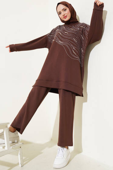 Loyşa Önü Taşlı İncili Tunik İkili Takım Kahve - İkili Takım