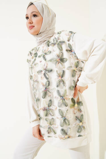 Loyşa Önü Tül Çiçekli Tunik Haki - Tunik