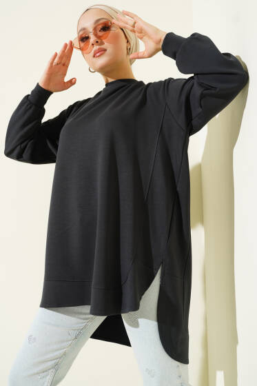 Loyşa Oval Kesim Oversize Tunik Antrasit - Tunik