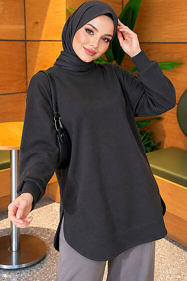 Loyşa Oval Kesim Oversize Tunik Antrasit - Tunik