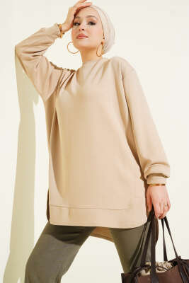 Loyşa Oval Kesim Oversize Tunik Bej - ELFİDA TEKSTİL