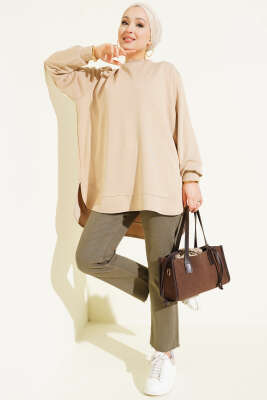 Loyşa Oval Kesim Oversize Tunik Bej - Tunik