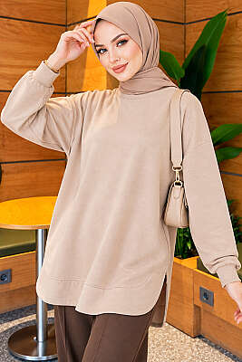 Loyşa Oval Kesim Oversize Tunik Bej - ELFİDA TEKSTİL