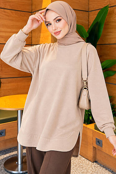 Loyşa Oval Kesim Oversize Tunik Bej - Tunik