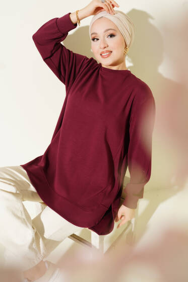 Loyşa Oval Kesim Oversize Tunik Bordo - Tunik