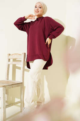 Loyşa Oval Kesim Oversize Tunik Bordo - Tunik