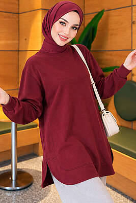 Loyşa Oval Kesim Oversize Tunik Bordo - ELFİDA TEKSTİL