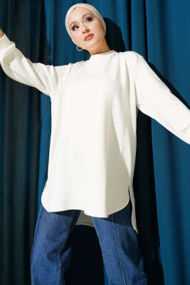 Loyşa Oval Kesim Oversize Tunik Ekru - ELFİDA TEKSTİL