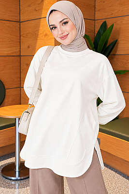 Loyşa Oval Kesim Oversize Tunik Ekru - ELFİDA TEKSTİL