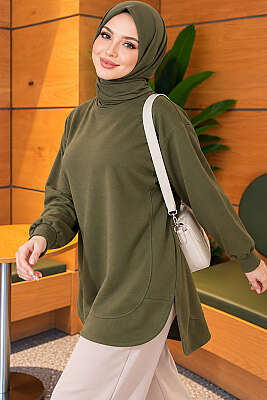 Loyşa Oval Kesim Oversize Tunik Haki - ELFİDA TEKSTİL