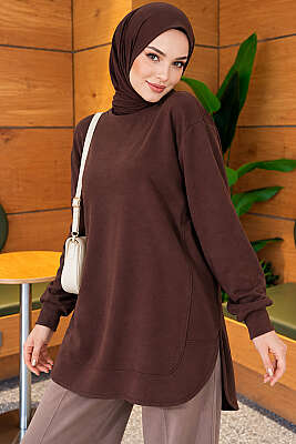 Loyşa Oval Kesim Oversize Tunik Kahve - ELFİDA TEKSTİL