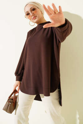 Loyşa Oval Kesim Oversize Tunik Kahve - ELFİDA TEKSTİL