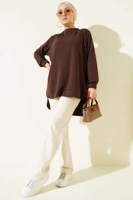 Loyşa Oval Kesim Oversize Tunik Kahve - Tunik