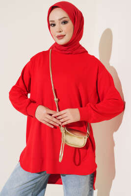 Loyşa Oval Kesim Oversize Tunik Kırmızı - ELFİDA TEKSTİL