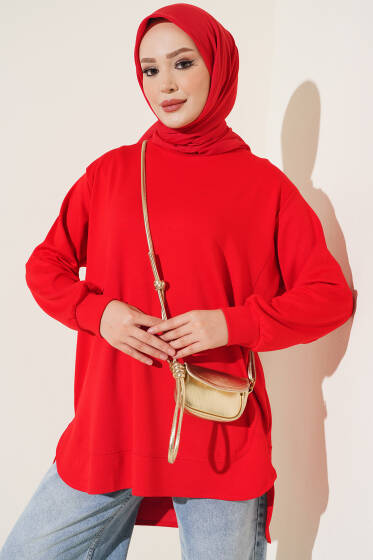 Loyşa Oval Kesim Oversize Tunik Kırmızı - Tunik