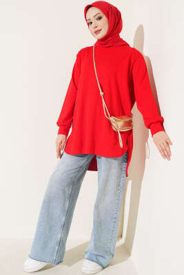 Loyşa Oval Kesim Oversize Tunik Kırmızı - Tunik