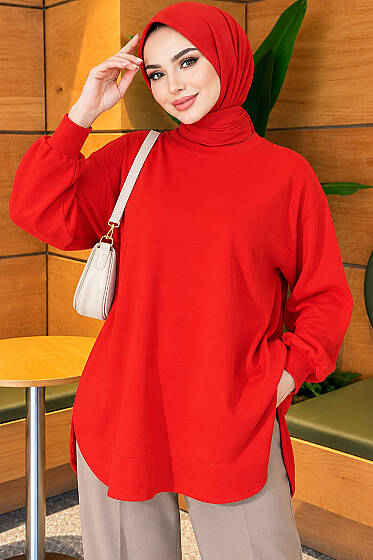 Loyşa Oval Kesim Oversize Tunik Kırmızı - Tunik