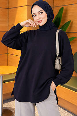Loyşa Oval Kesim Oversize Tunik Lacivert - ELFİDA TEKSTİL