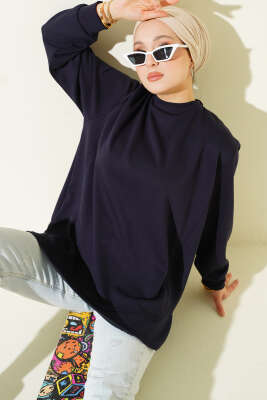 Loyşa Oval Kesim Oversize Tunik Lacivert - ELFİDA TEKSTİL