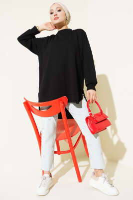 Loyşa Oval Kesim Oversize Tunik Siyah - ELFİDA TEKSTİL