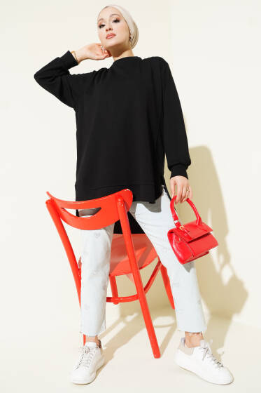 Loyşa Oval Kesim Oversize Tunik Siyah - Tunik