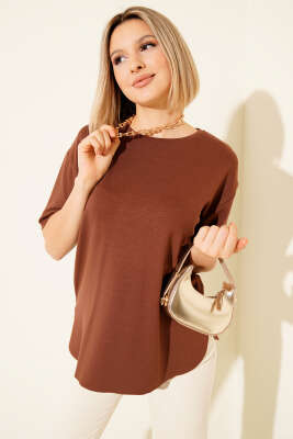 Loyşa Oval Kesim T-shirt Kahve - Kadın Giyim Modelleri