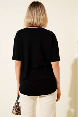 Loyşa Oval Kesim T-shirt Siyah - Yılın Fırsatı