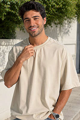 Loyşa Oversize Erkek T-shirt Bej 