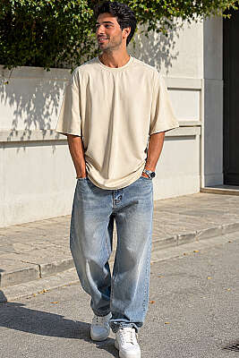 Loyşa Oversize Erkek T-shirt Bej - Yılın Fırsatı