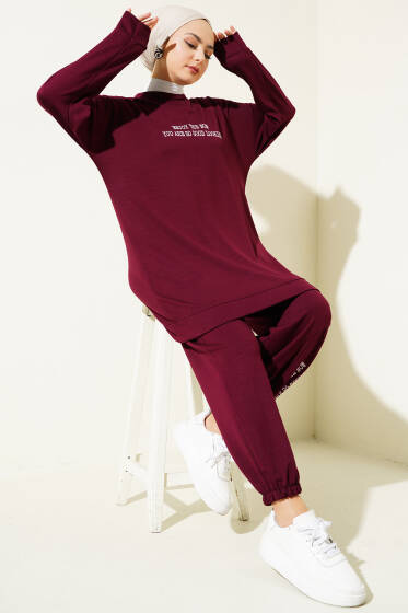 Loyşa Paça Baskılı İkili Takım Bordo - İkili Takım