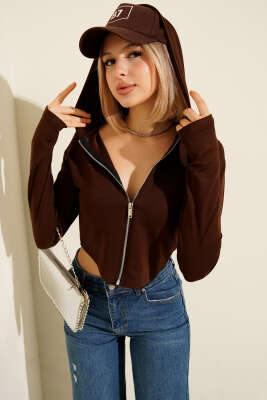 Loyşa Parmak Geçirmeli Crop Hırka Kahve - ADYES