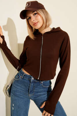 Loyşa Parmak Geçirmeli Crop Hırka Kahve - Kadın Giyim Modelleri