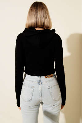 Loyşa Parmak Geçirmeli Crop Hırka Siyah - Kadın Giyim Modelleri