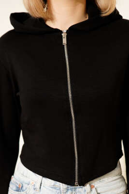 Loyşa Parmak Geçirmeli Crop Hırka Siyah - Kadın Giyim Modelleri