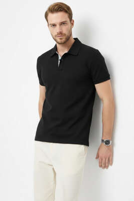 Loyşa Polo Yaka Düğmeli T-shirt Siyah 