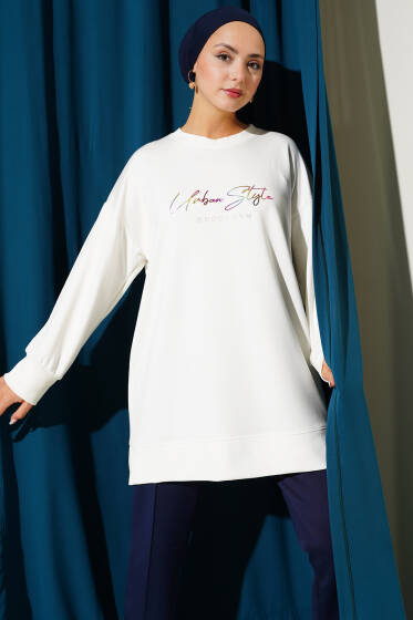 Loyşa Renkli Yazılı Tunik Ekru - Tunik