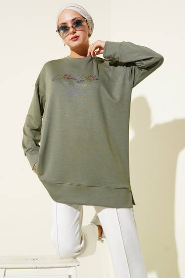 Loyşa Renkli Yazılı Tunik Haki - Tunik