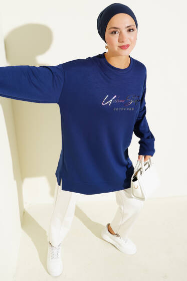Loyşa Renkli Yazılı Tunik Lacivert - Tunik