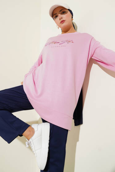 Loyşa Renkli Yazılı Tunik Pembe - Tunik