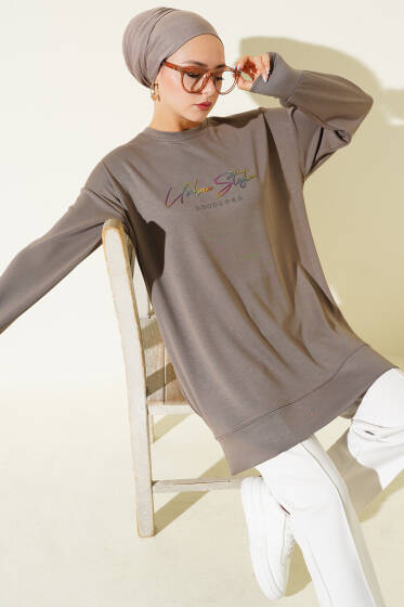 Loyşa Renkli Yazılı Tunik Vizon - Tunik